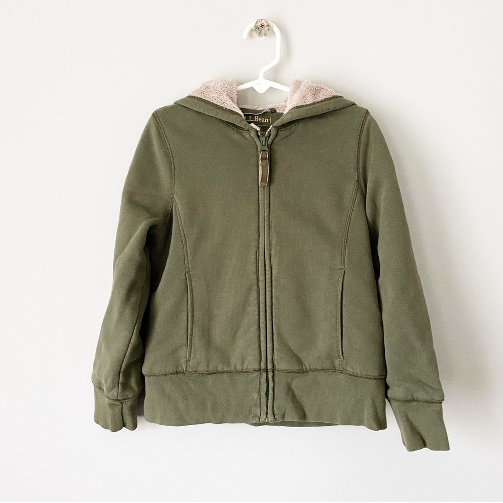 Kids LL Bean Sherpa Lined Olive Green Zip Hoodie Jacket Size 5/6